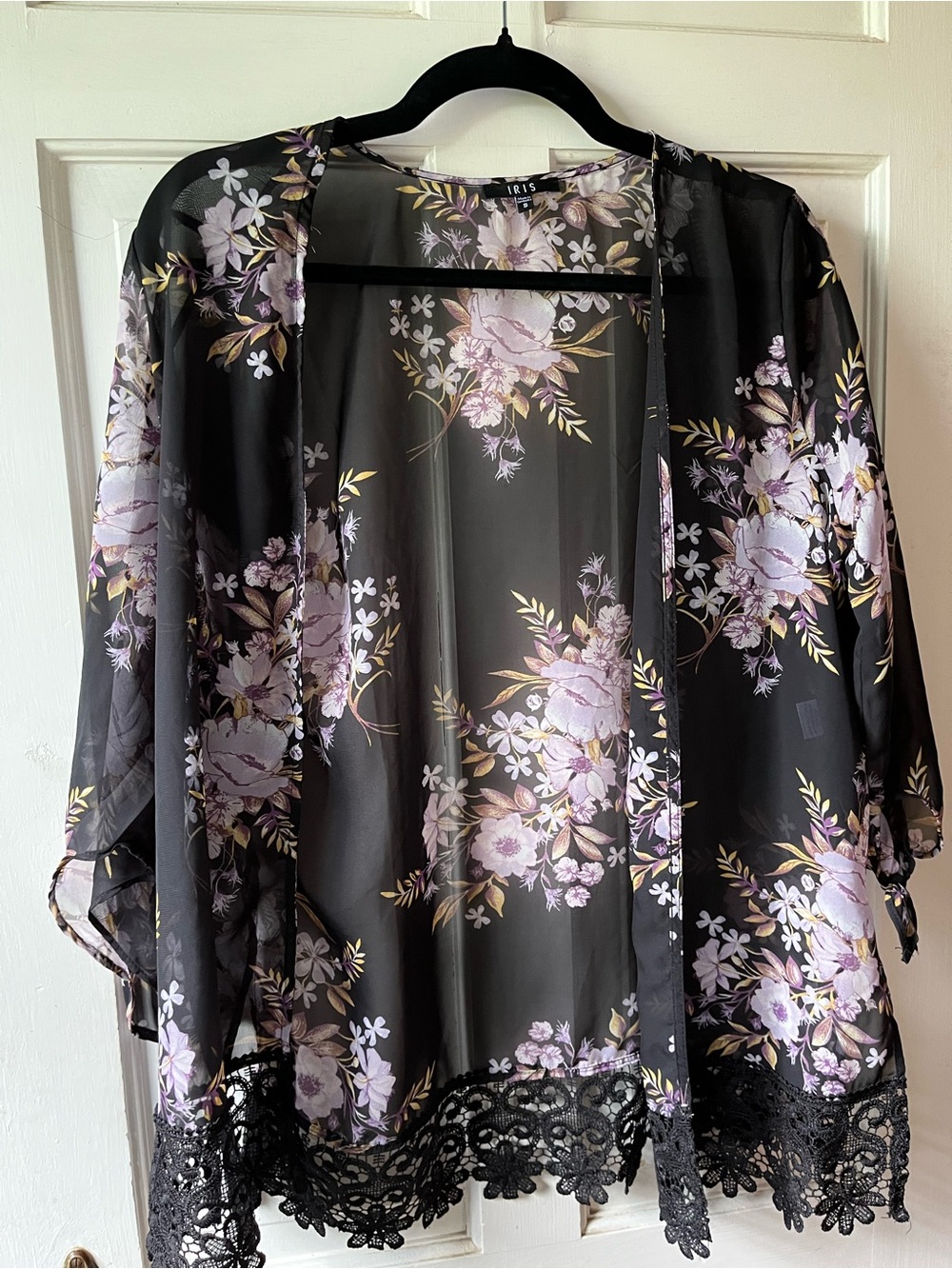 iris Black Sheer Floral Lace-Trim Kimono